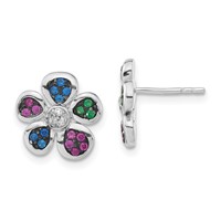 Sterling Silver Earrings with Black Rhodium Synthetic Ruby, Spinel & CZ Flower Post view 1