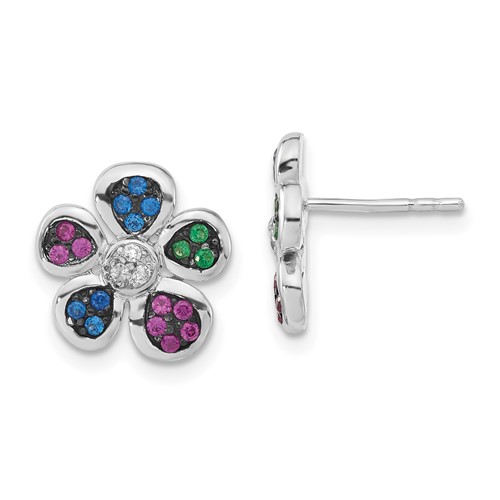 Sterling Silver Earrings with Black Rhodium Synthetic Ruby, Spinel & CZ Flower Post