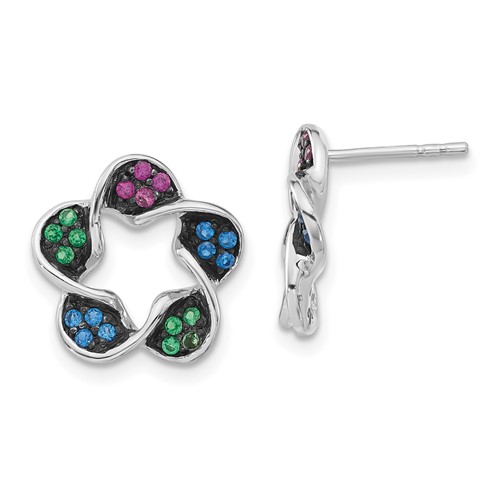 Sterling Silver Earrings with Black Rhodium Polished Synthetic Stones Flower Post