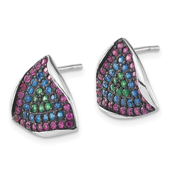 Sterling Silver w/ Black Rhodium Synthetic Spinel & Synthetic Ruby Triangle Post Earrings