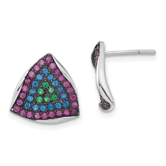 Sterling Silver w/ Black Rhodium Synthetic Spinel & Synthetic Ruby Triangle Post Earrings