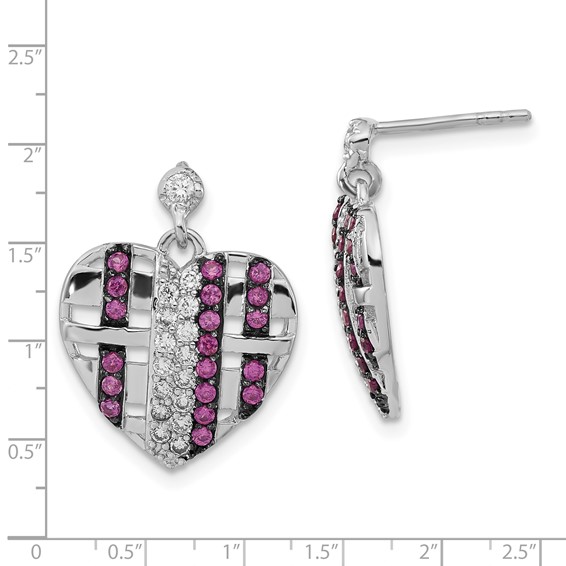 Sterling Silver w/ Black Rhodium Synthetic Ruby & CZ Heart Post Dangle Earrings