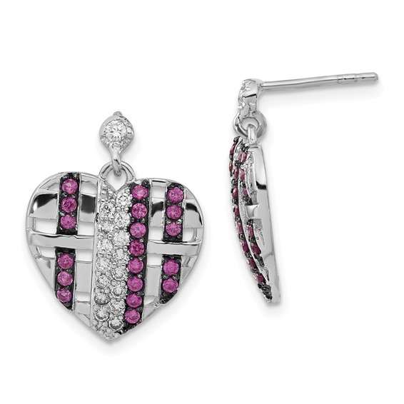 Sterling Silver w/ Black Rhodium Synthetic Ruby & CZ Heart Post Dangle Earrings