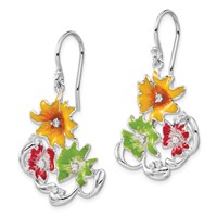 Sterling Silver Red, Green & Yellow Enamel CZ Flowers Dangle Earrings view 2