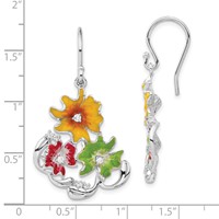 Sterling Silver Red, Green & Yellow Enamel CZ Flowers Dangle Earrings view 3