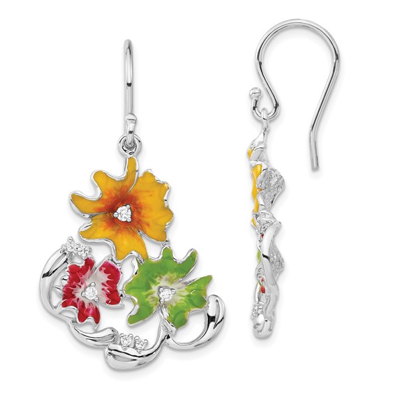 Sterling Silver Red, Green & Yellow Enamel CZ Flowers Dangle Earrings