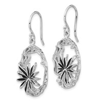Sterling Silver Polished & Textured Black Enamel CZ Flower Dangle Earrings view 2