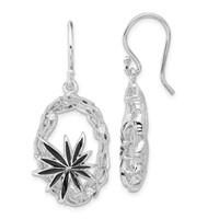 Sterling Silver Polished & Textured Black Enamel CZ Flower Dangle Earrings view 1