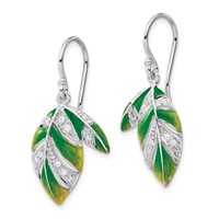 Sterling Silver Green & Yellow Enameled CZ Leaf Dangle Earrings view 2