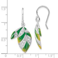 Sterling Silver Green & Yellow Enameled CZ Leaf Dangle Earrings view 3