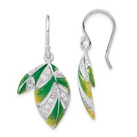 Sterling Silver Green & Yellow Enameled CZ Leaf Dangle Earrings view 1