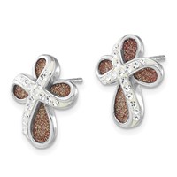 Sterling Silver Polished Pink Laser Glitter & Crystal Cross Post Earrings view 2