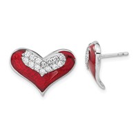 Sterling Silver Polished Red Enamel CZ Heart Post Earrings view 1