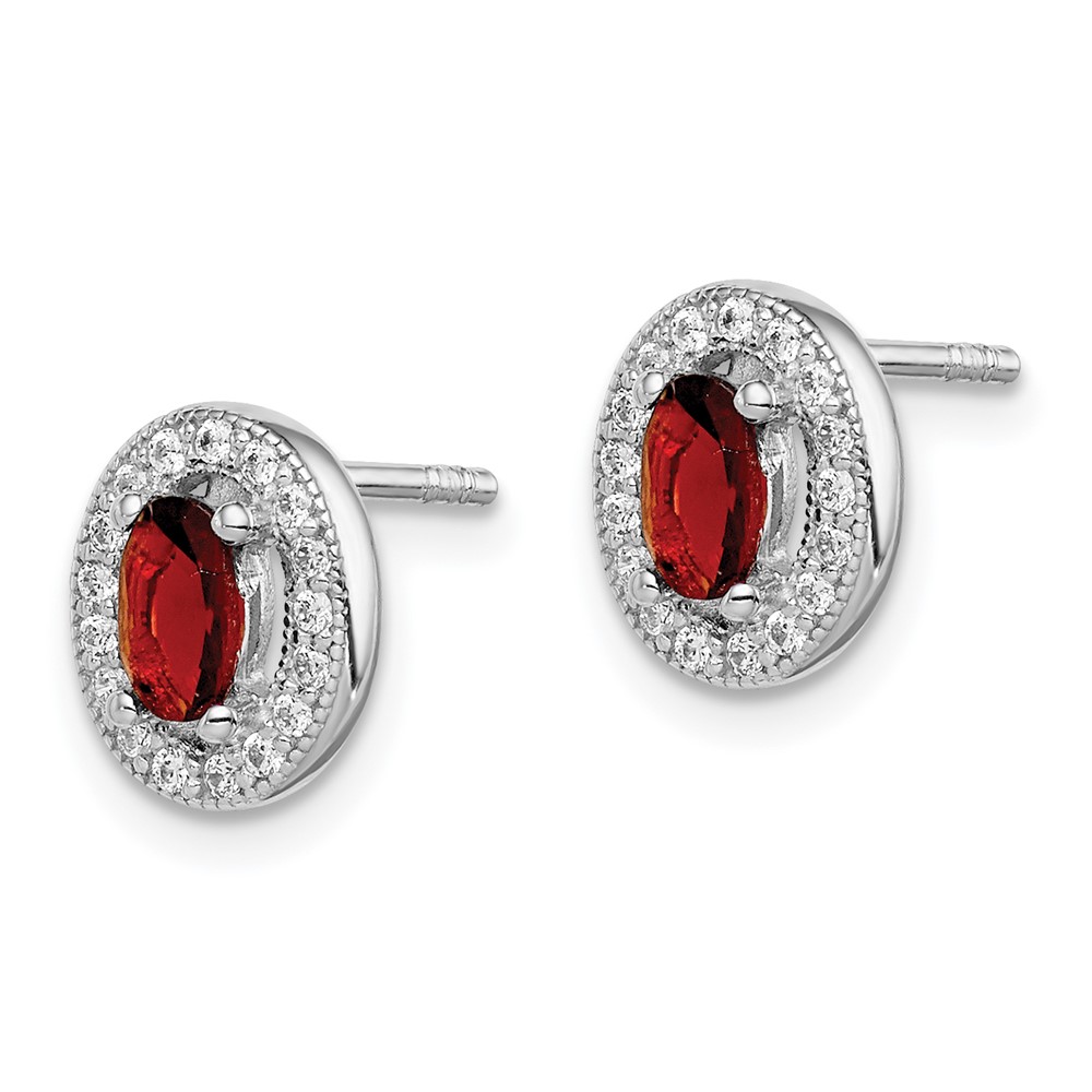 Sterling Silver Rhod Polished January Red and White CZ Oval Earrings (QE12553)