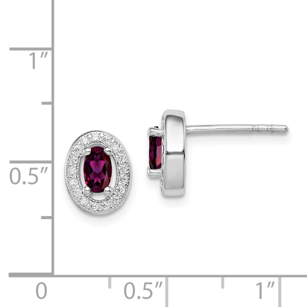 Sterling Silver Rhod Polished January Red and White CZ Oval Earrings (QE12553)