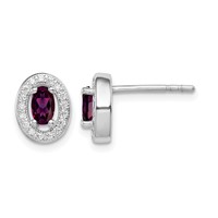Sterling Silver Rhod Polished January Red and White CZ Oval Earrings view 1