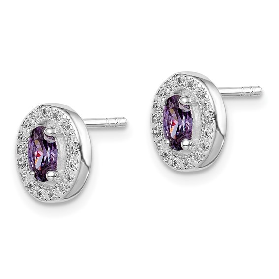 Sterling Silver Rhod-plated Birthstone CZ and White CZ Oval Stud Earrings