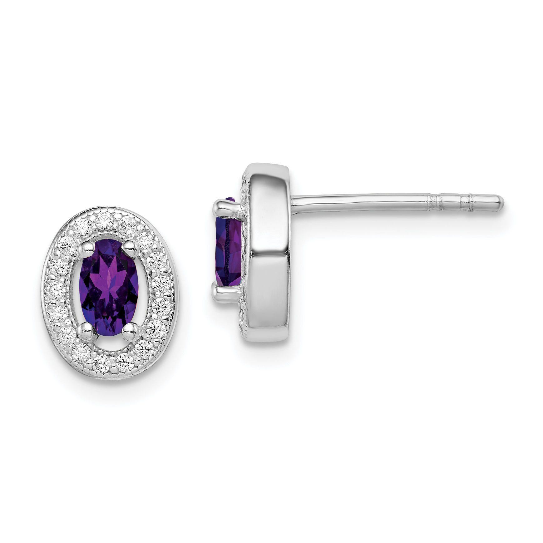 Sterling Silver Rhod-plated w/ Purple and White CZ Oval Stud Earrings (QE12554)