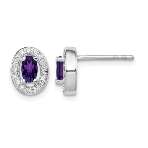 Sterling Silver Rhod-plated Earrings with Purple and White CZ Oval Stud