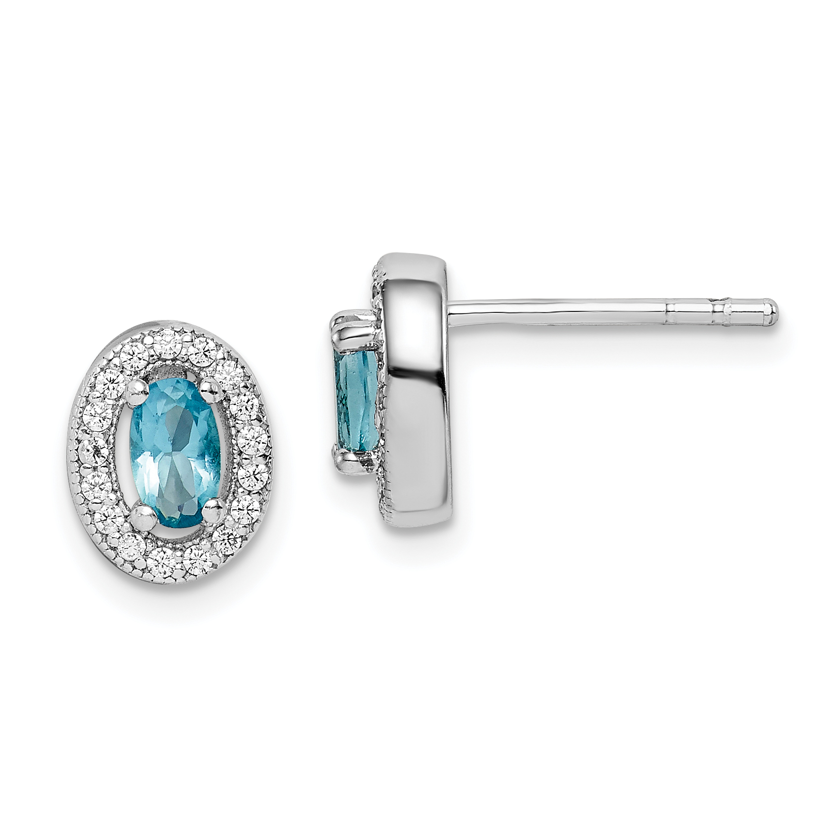 Sterling Silver Rhod-plated w/ Light Blue and White CZ Oval Earrings (QE12555)