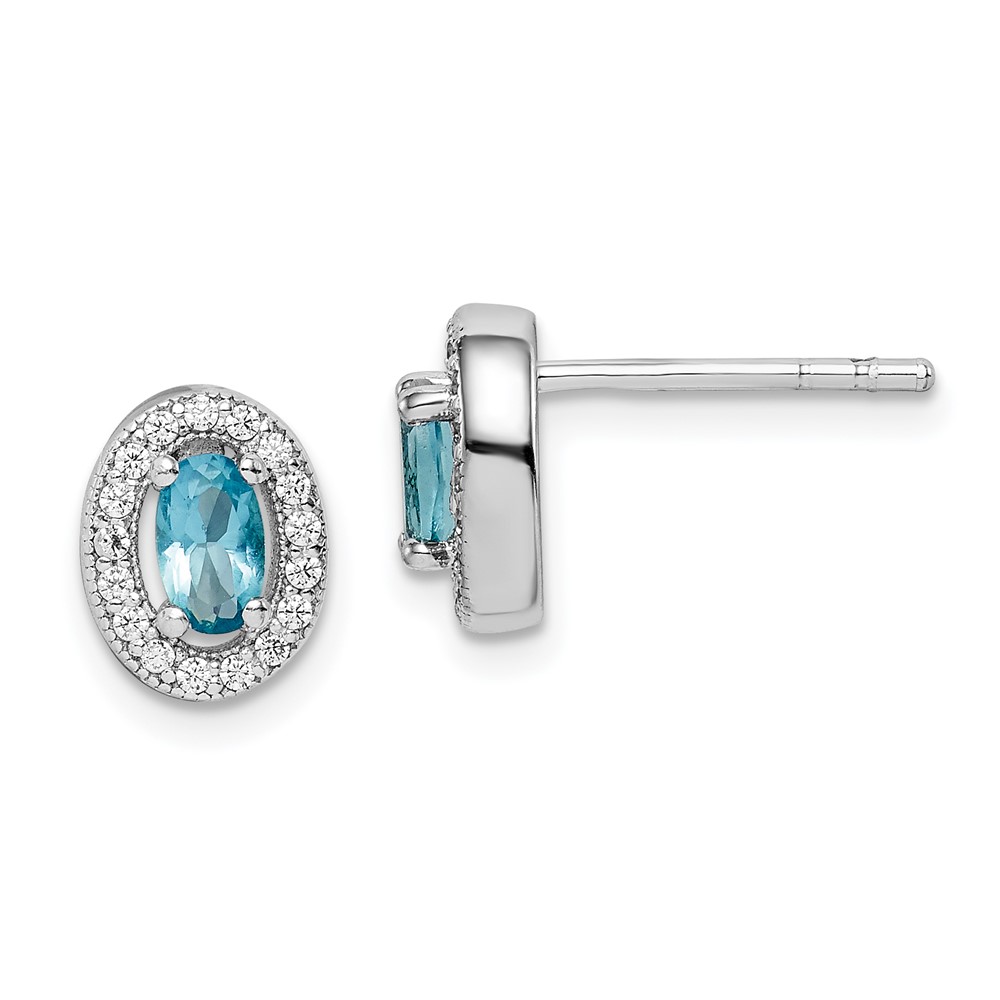 Sterling Silver Rhod-plated w/ Light Blue and White CZ Oval Earrings (QE12555)