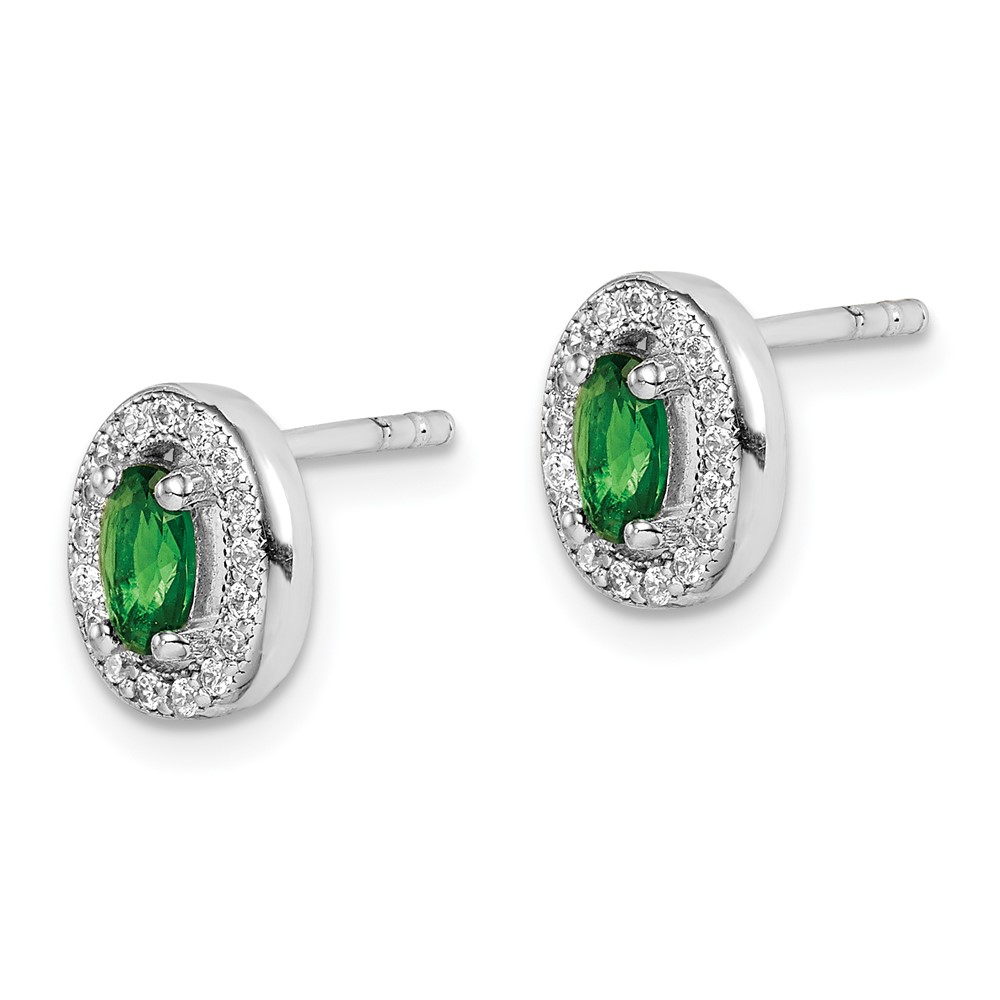 Sterling Silver Rhod-plated w/ Green and White CZ Oval Stud Earrings (QE12557)
