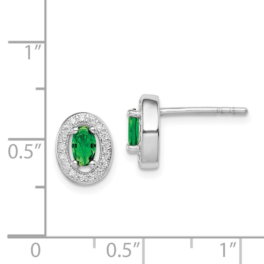 Sterling Silver Rhod-plated w/ Green and White CZ Oval Stud Earrings (QE12557)