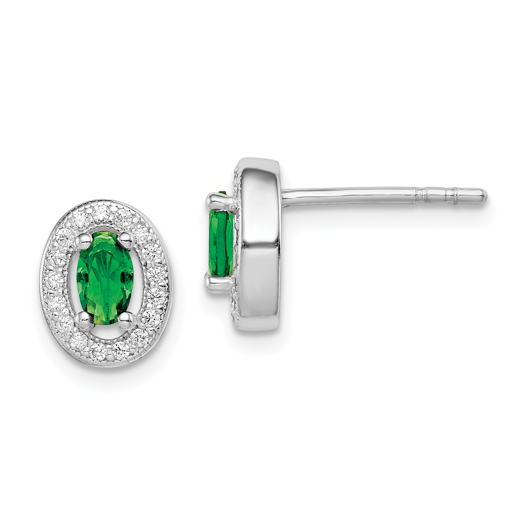Sterling Silver Rhod-plated w/ Green and White CZ Oval Stud Earrings (QE12557)