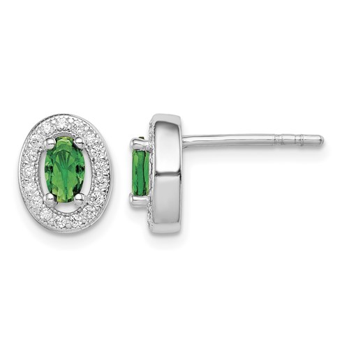 Sterling Silver Rhod-plated Earrings with Green and White CZ Oval Stud