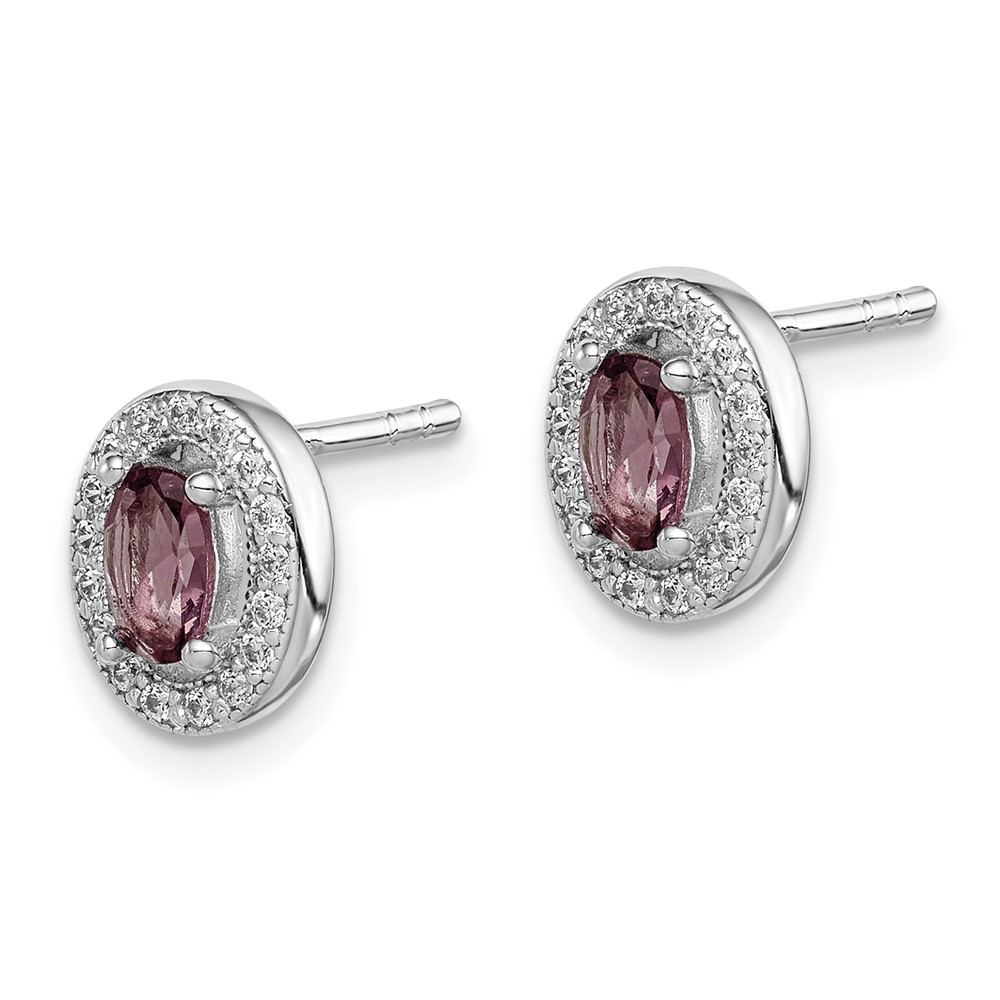 Sterling Silver Rhod-pltd June Purple and White CZ Oval Post Earrings (QE12558)