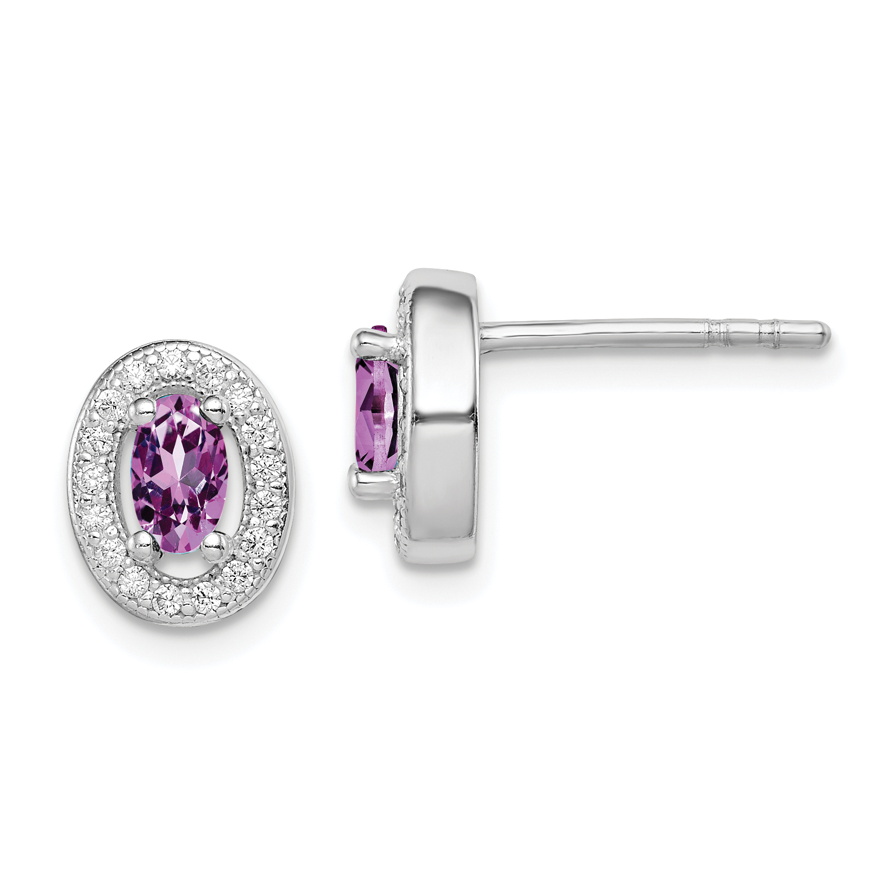 Sterling Silver Rhod-pltd June Purple and White CZ Oval Post Earrings (QE12558)