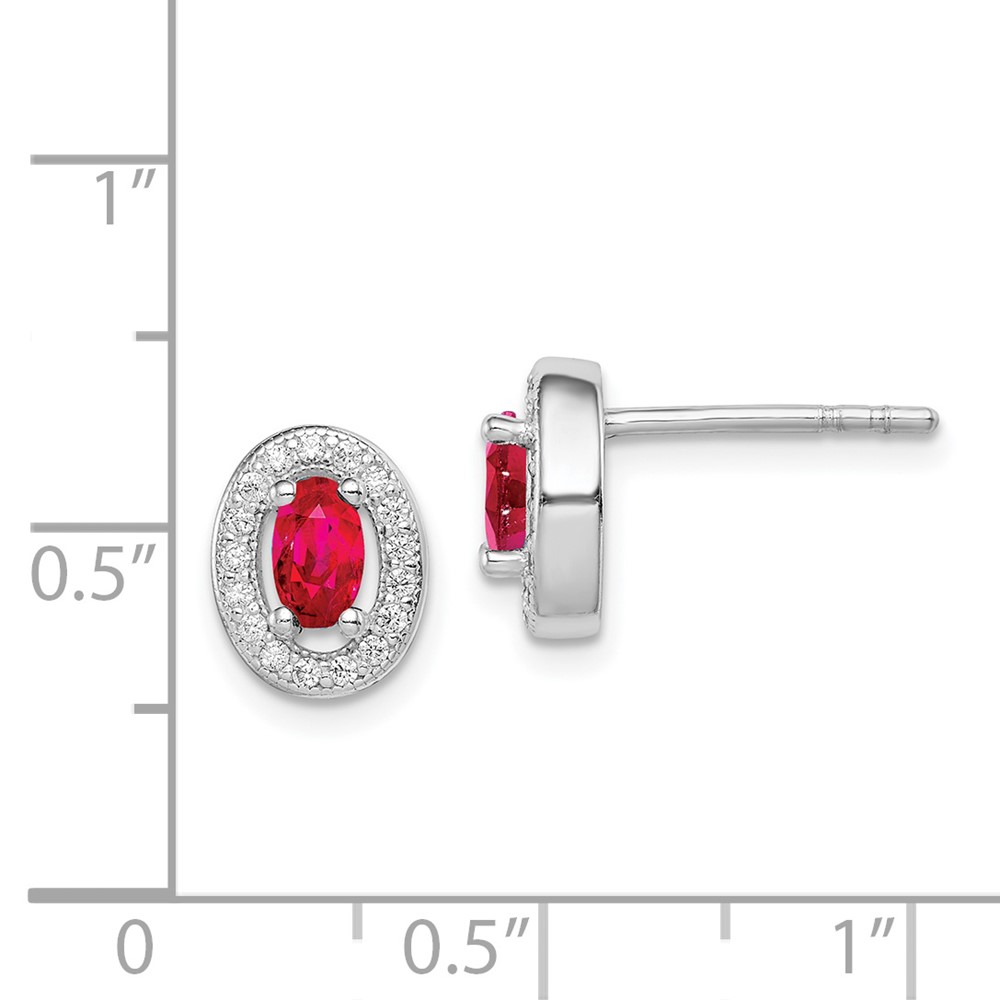 Sterling Silver Rhod-plated Red and White CZ Oval Stud Earrings (QE12559)