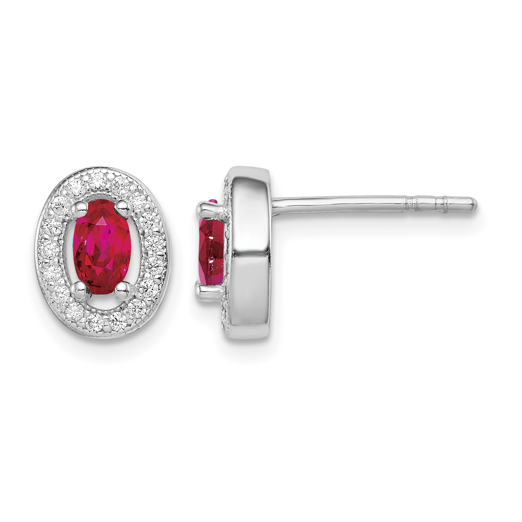 Sterling Silver Rhod-plated Red and White CZ Oval Stud Earrings (QE12559)