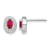 Sterling Silver Rhod-plated Red and White CZ Oval Stud Earrings view 1