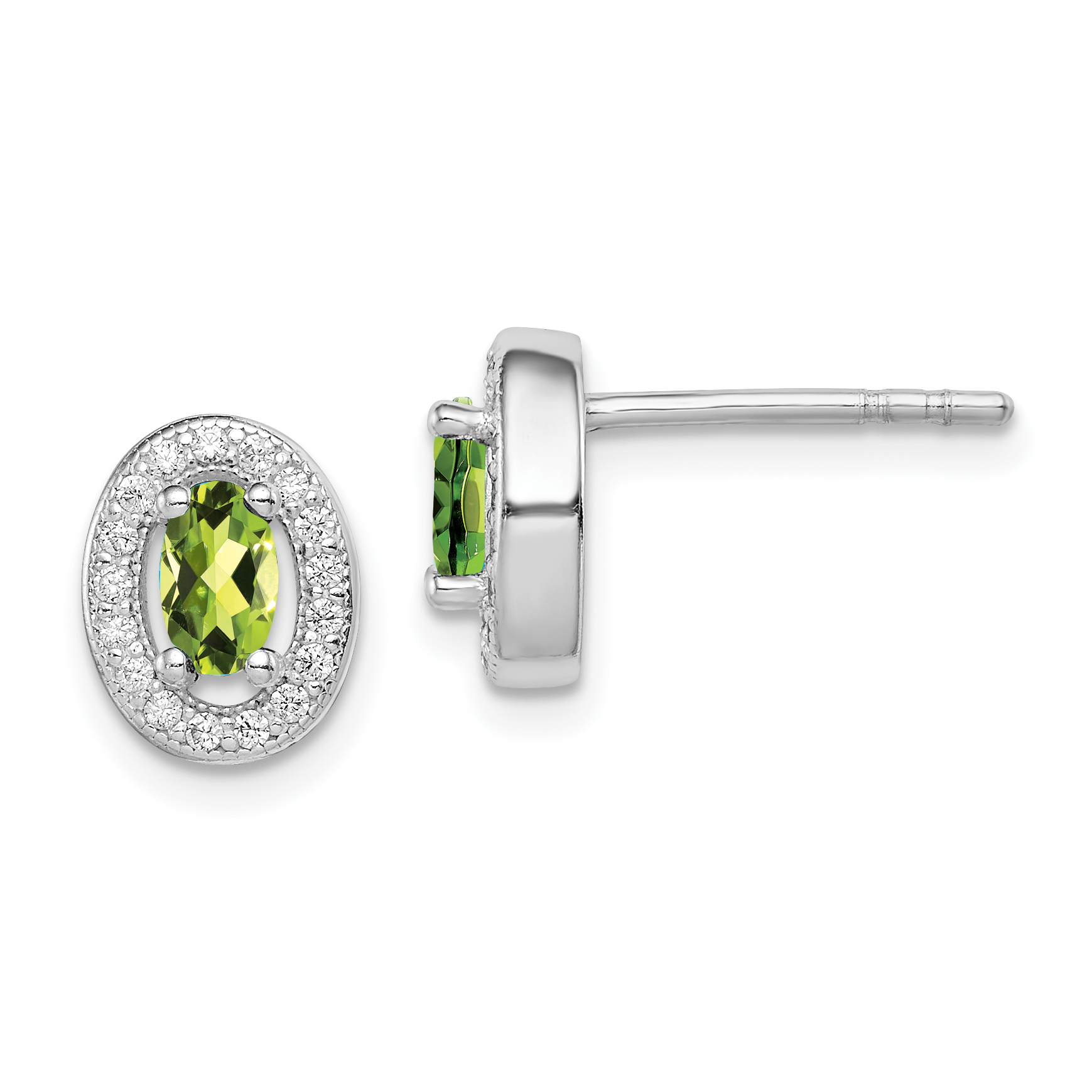 Sterling Silver Rhod-plated Light Green and White CZ Oval Stud Earrings (QE12560)