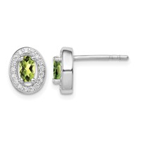 Sterling Silver Rhod-plated Light Green and White CZ Oval Stud Earrings view 1