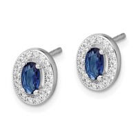 Sterling Silver Rhod-plated Blue and White CZ Oval Stud Earrings view 2