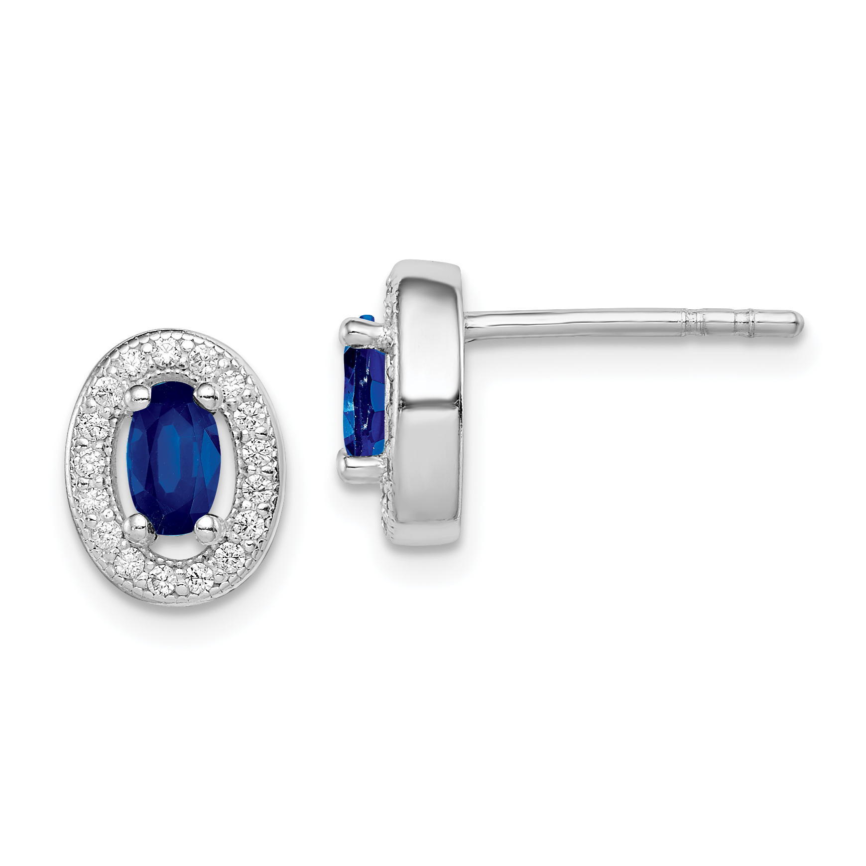 Sterling Silver Rhod-plated Blue and White CZ Oval Stud Earrings (QE12561)