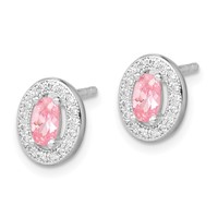Sterling Silver Rhod-plated Pink and White CZ Oval Stud Earrings view 2