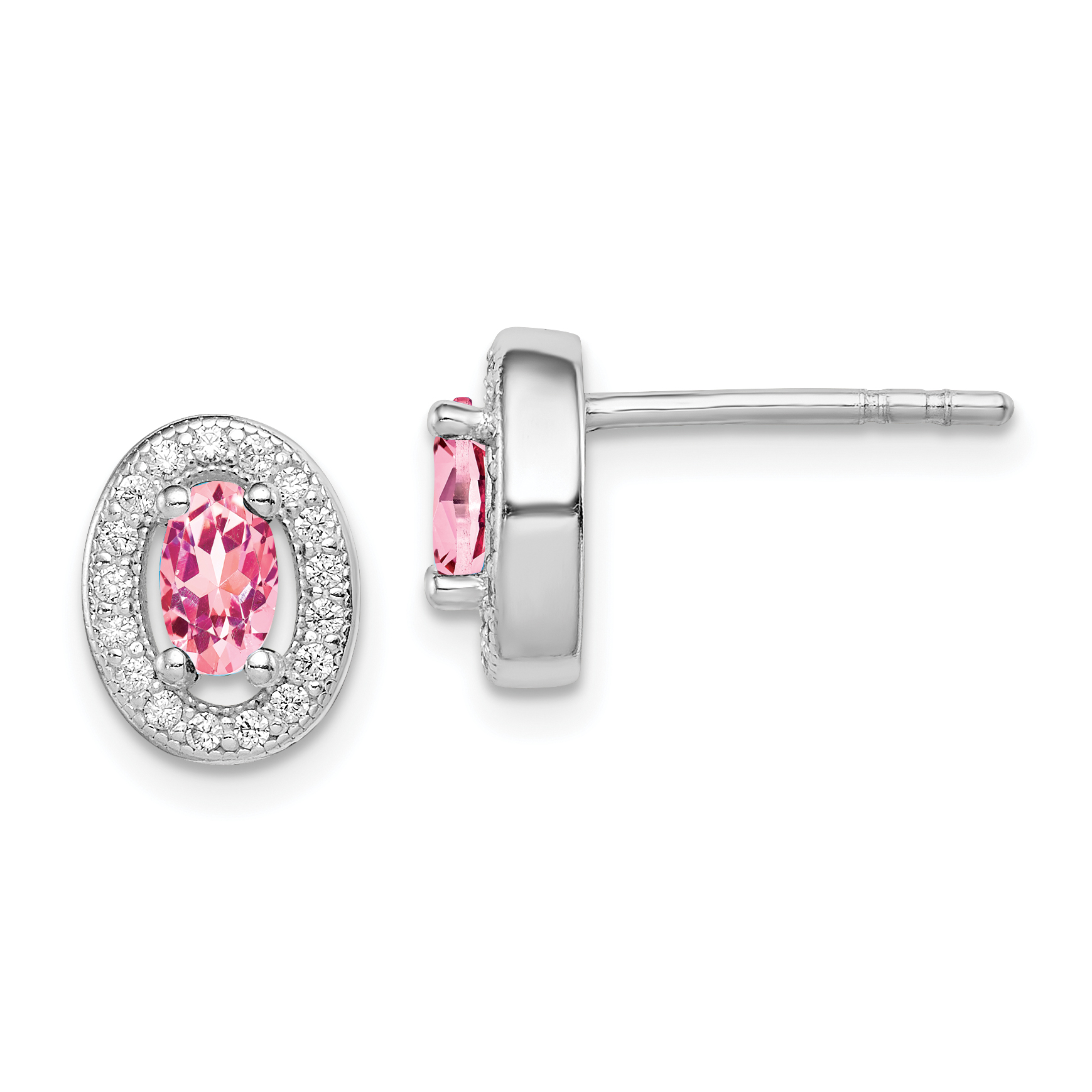 Sterling Silver Rhod-plated Pink and White CZ Oval Stud Earrings (QE12562)