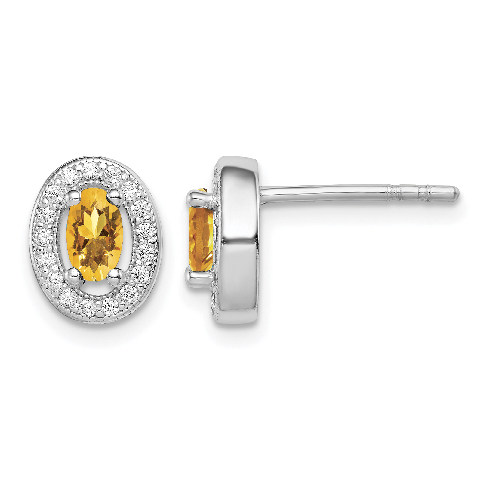 Sterling Silver Rhod-plated Yellow and White CZ Oval Stud Earrings (QE12563)