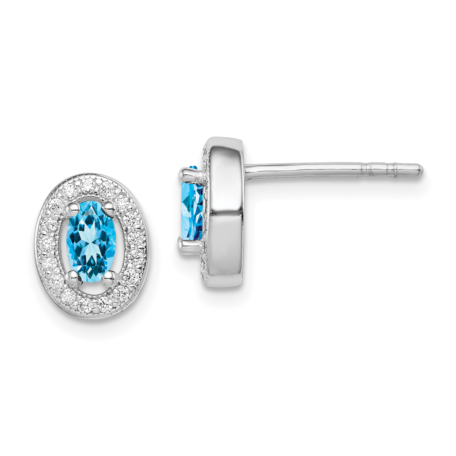 Sterling Silver Rhod-plated Blue and White CZ Oval Stud Earrings (QE12564)