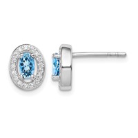 Sterling Silver Rhod-plated Blue and White CZ Oval Stud Earrings view 1
