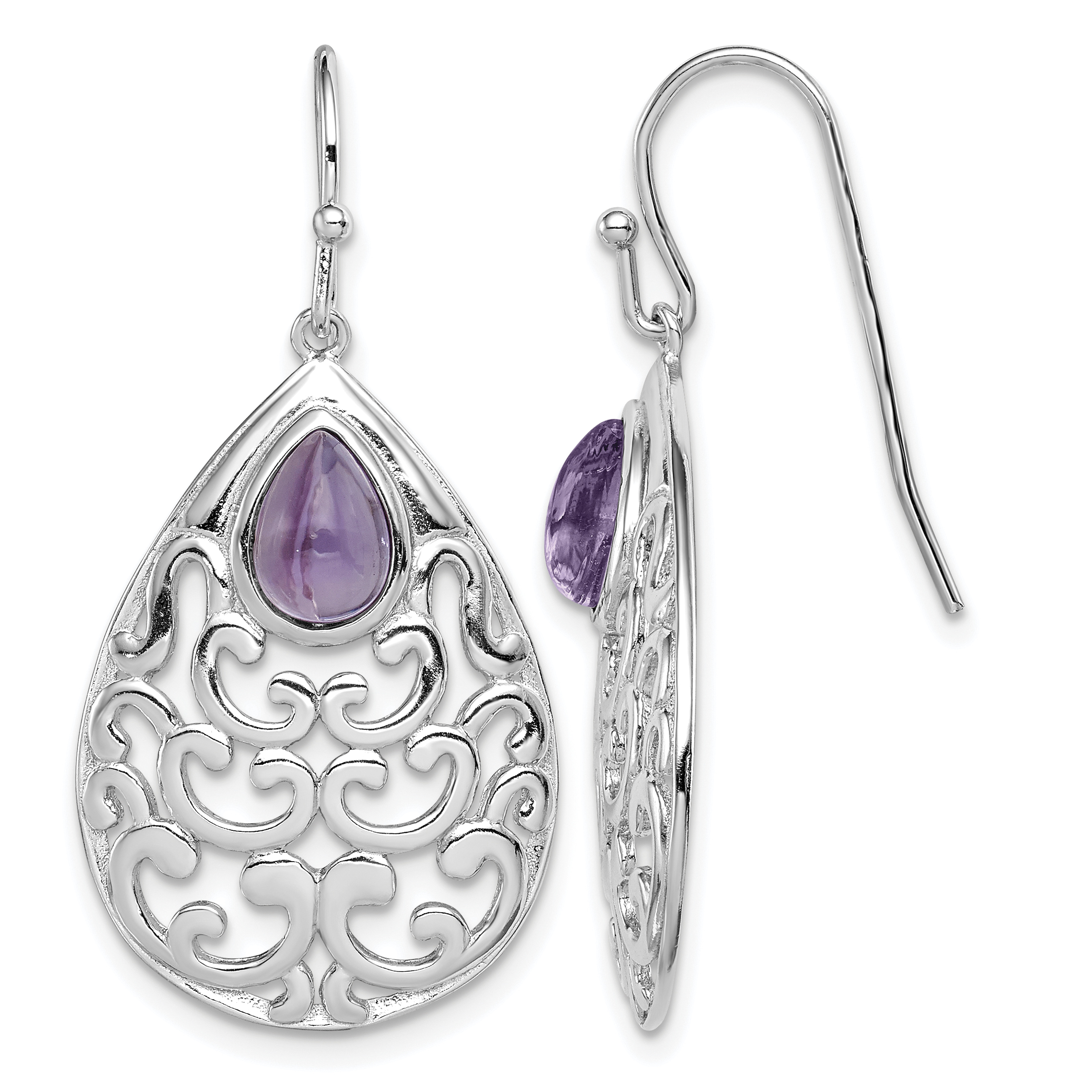 Sterling Silver Rhodium-plated Amethyst Teardrop Shepherd Hook Earrings (QE12569)