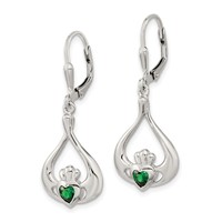 Sterling Silver Rhod-pltd Grn CZ Heart Leverback Claddagh Dangle Earrings view 2