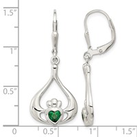 Sterling Silver Rhod-pltd Grn CZ Heart Leverback Claddagh Dangle Earrings view 4