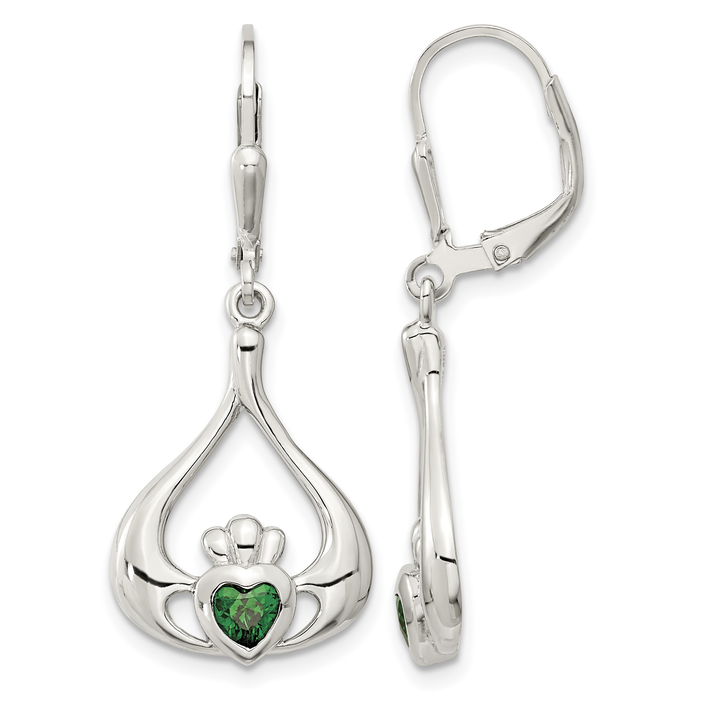 Sterling Silver Rhod-pltd Grn CZ Heart Leverback Claddagh Dangle Earrings (QE12571)