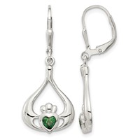 Sterling Silver Rhod-pltd Grn CZ Heart Leverback Claddagh Dangle Earrings view 1