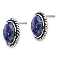 Sterling Silver Polished Antiqued Lapis Cabochon Post Earrings view 2