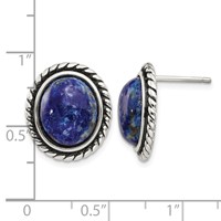 Sterling Silver Polished Antiqued Lapis Cabochon Post Earrings view 4